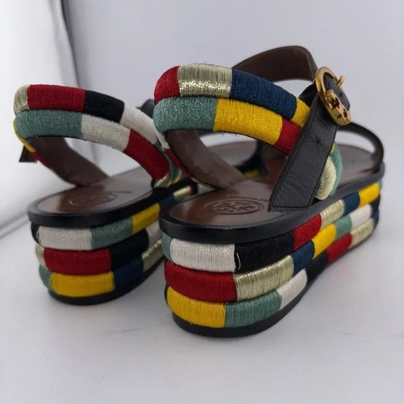 Tory Burch Leather Camilla Embroidered Platform Ankle Strap Sandals Size 5​​​​​ - Picture 15 of 16